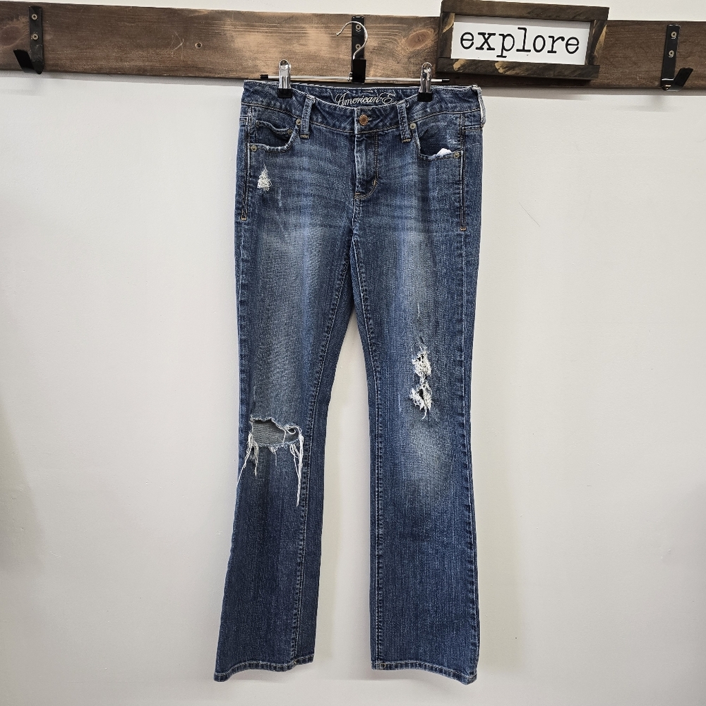 American Eagle Distressed True Boot Flare Jeans Sz 4 Y2K Low Rise